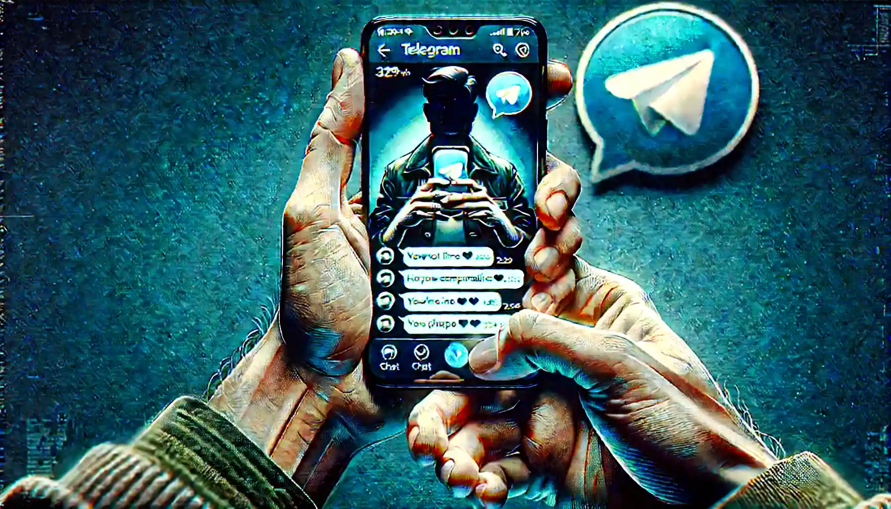 A cinematic, moody depiction of a person holding a smartphone with the Telegram app open