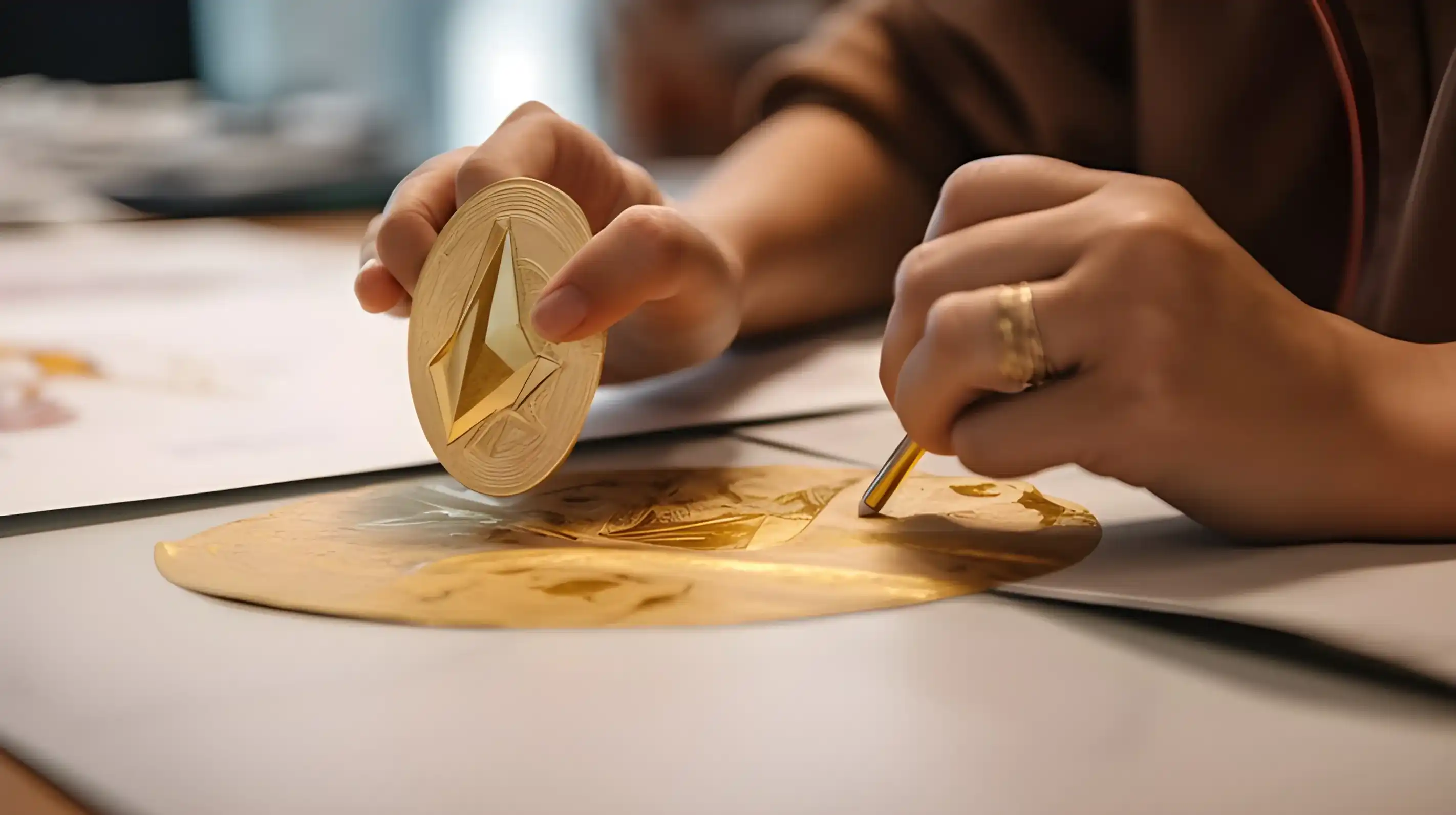 A person wrapping an ether coin in paper to represent wrapping ETH into Wrapped ETH.webp