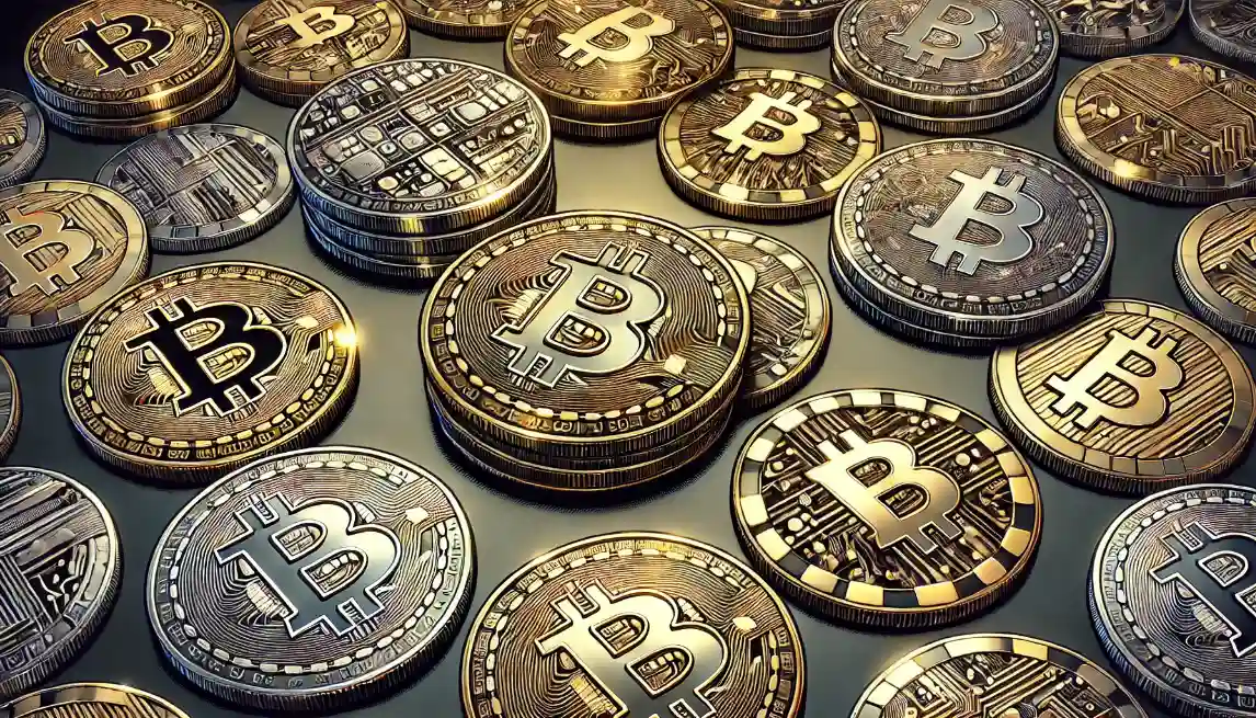 Assorted cryptocurrency coins on dark surface