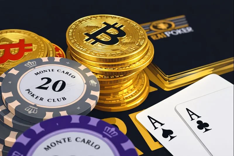 Bitcoin coins with poker chips and playing cards.webp