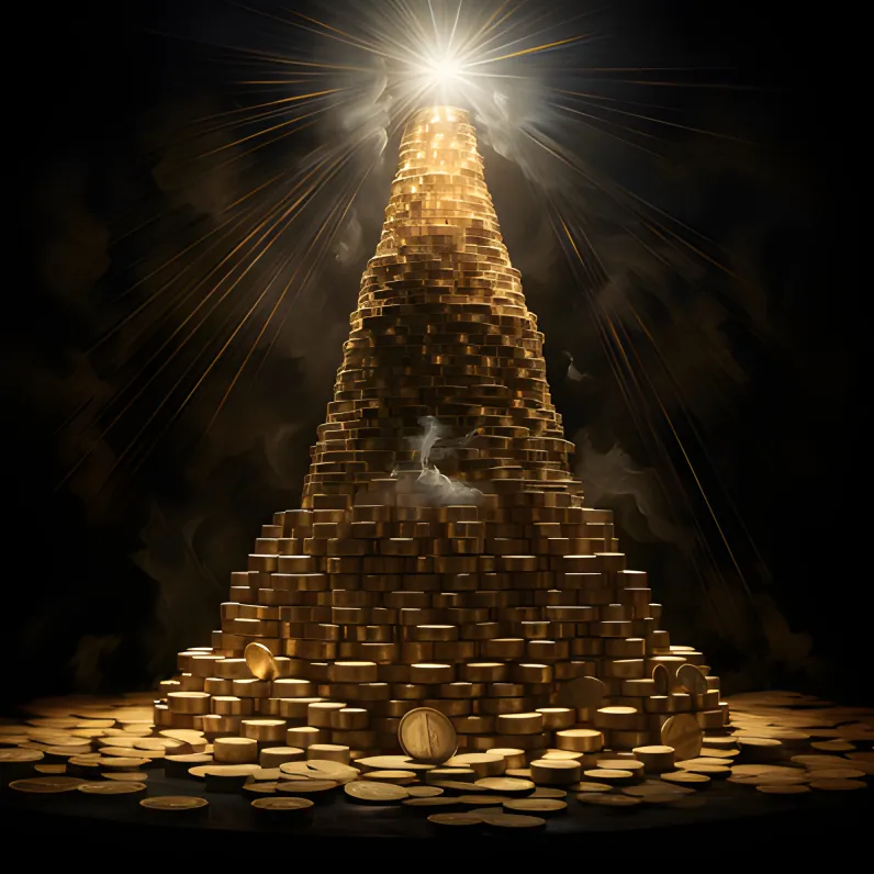 Coins stacked in a pyramid, with a beam of light shining on top, representing transaction fees influencing how long does it take to send bitcoin.webp