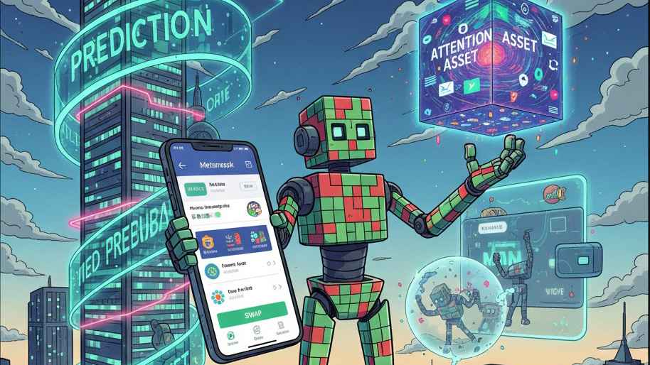 Cubic robot pushing prediction market data feed into traditional media outlet.