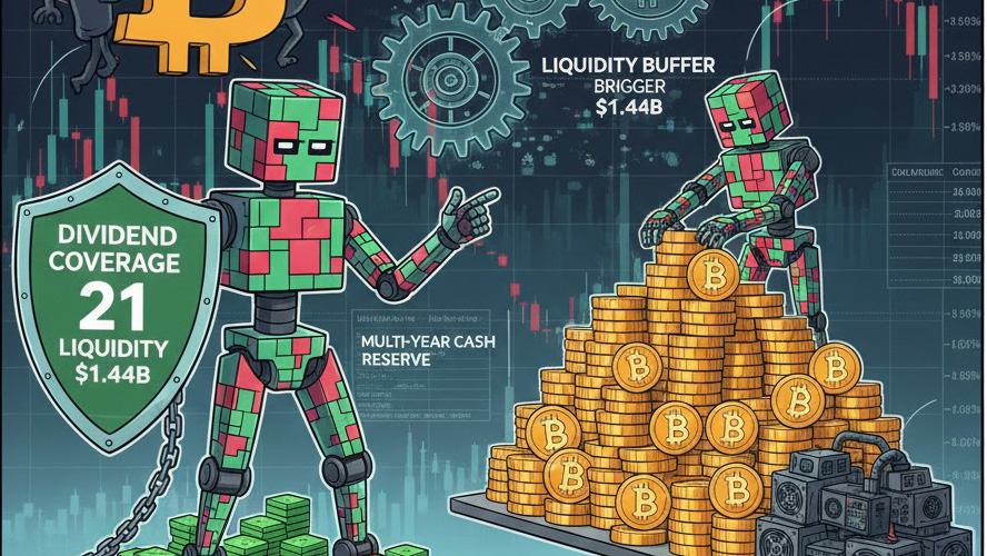Cubic robot reinforcing Strategy's Bitcoin treasury with a multi-year cash reserve.