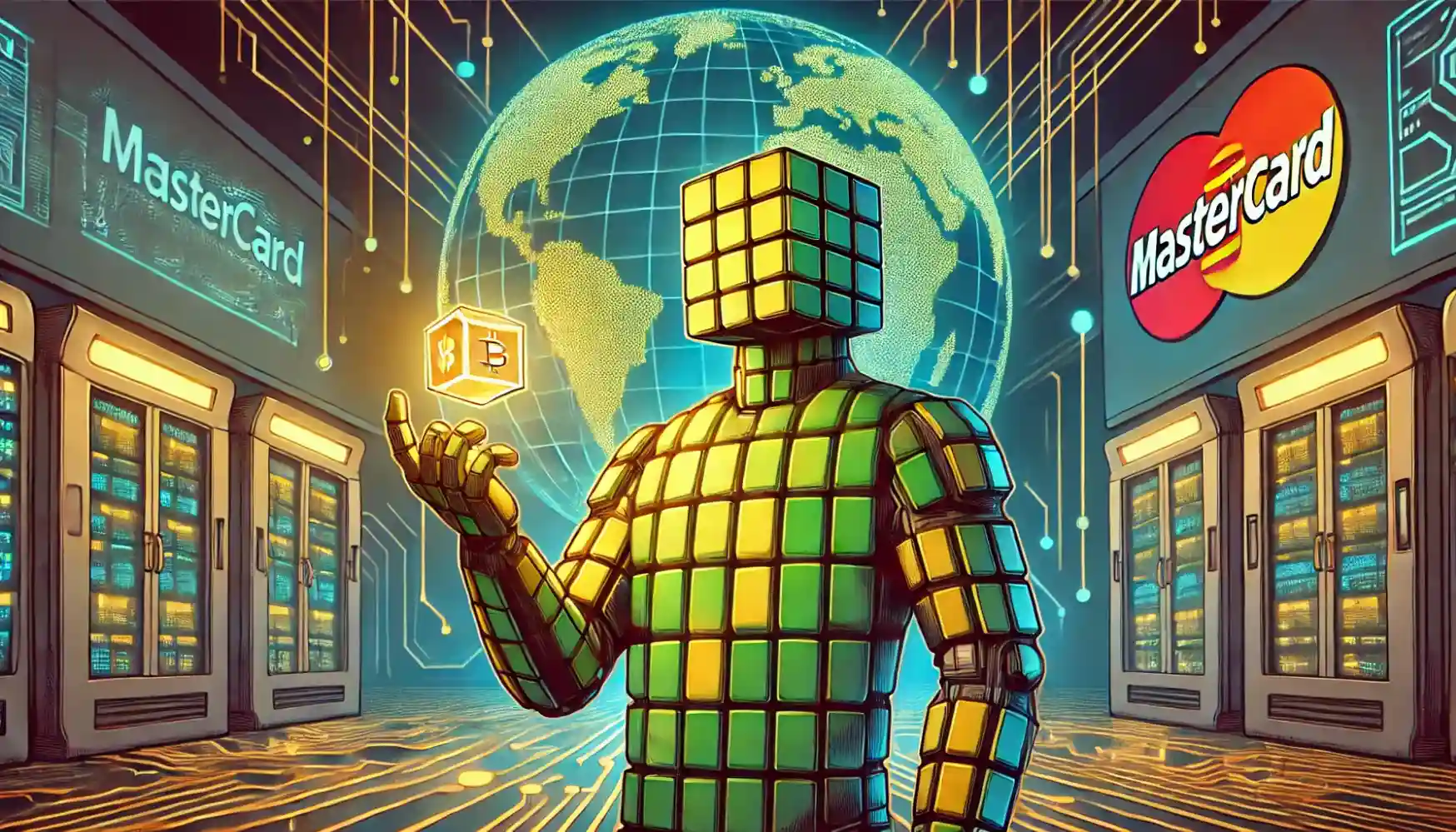 Robot holds Zerohash cube inside digital finance network, symbolizing Mastercard’s crypto expansion