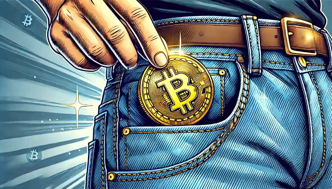 Hand placing Bitcoin coin into jeans pocket