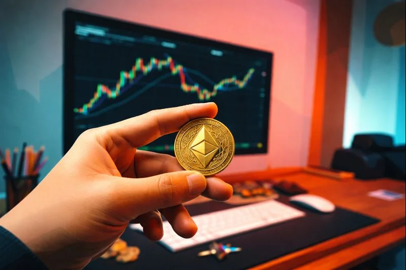 Hand holding Ethereum coin in front of trading screen.webp