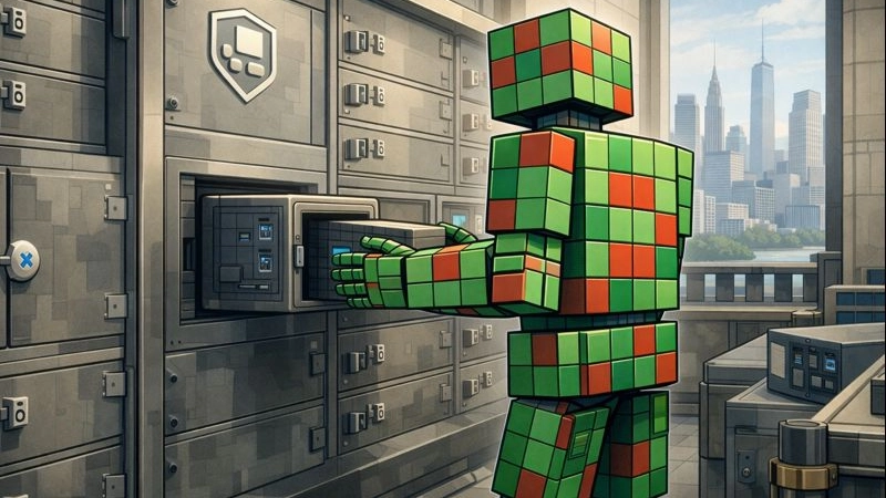 Ledger custody strength visualized as robot secures assets before IPO