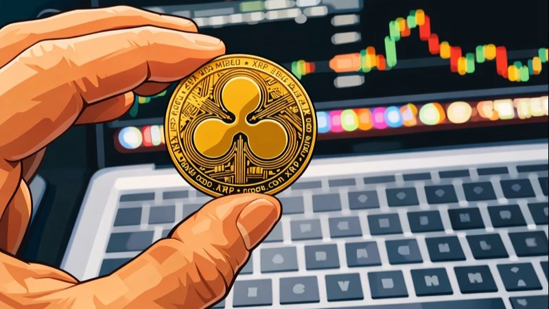 Ripple coin in hand with trading chart
