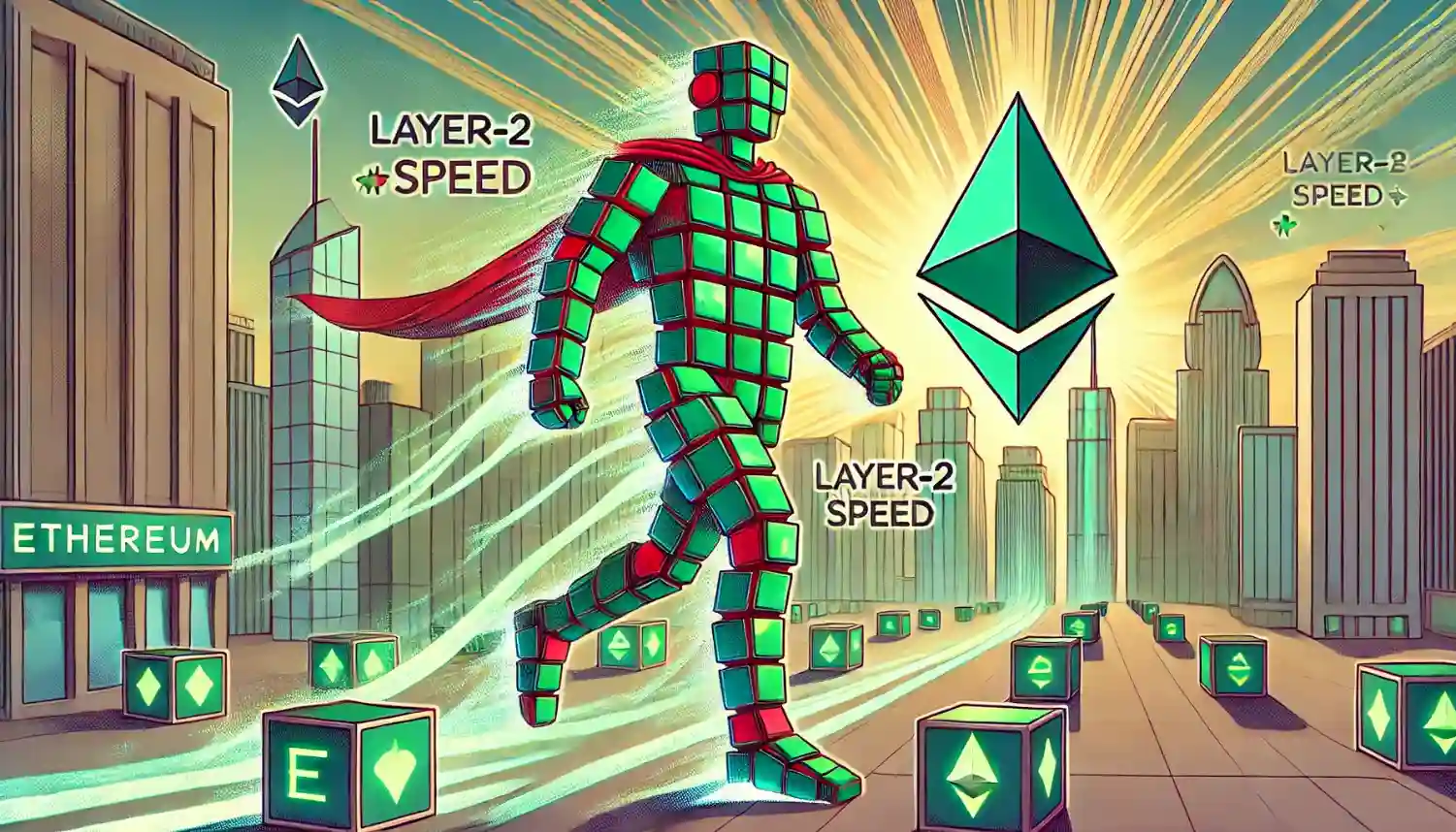 Robot advances through Ethereum skyline evolving under Fusaka upgrade and crypto price gains