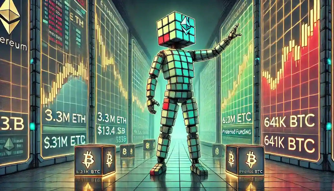 Robot analyzes crypto price index charts of ETH and BTC trends