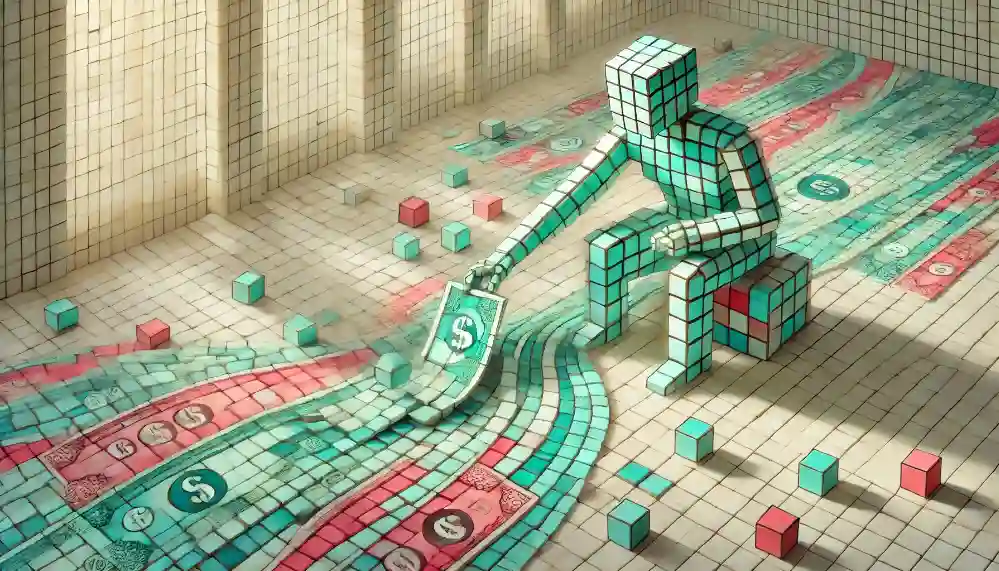 Robot assembles pastel tokens into blockchain mural reflecting crypto price index