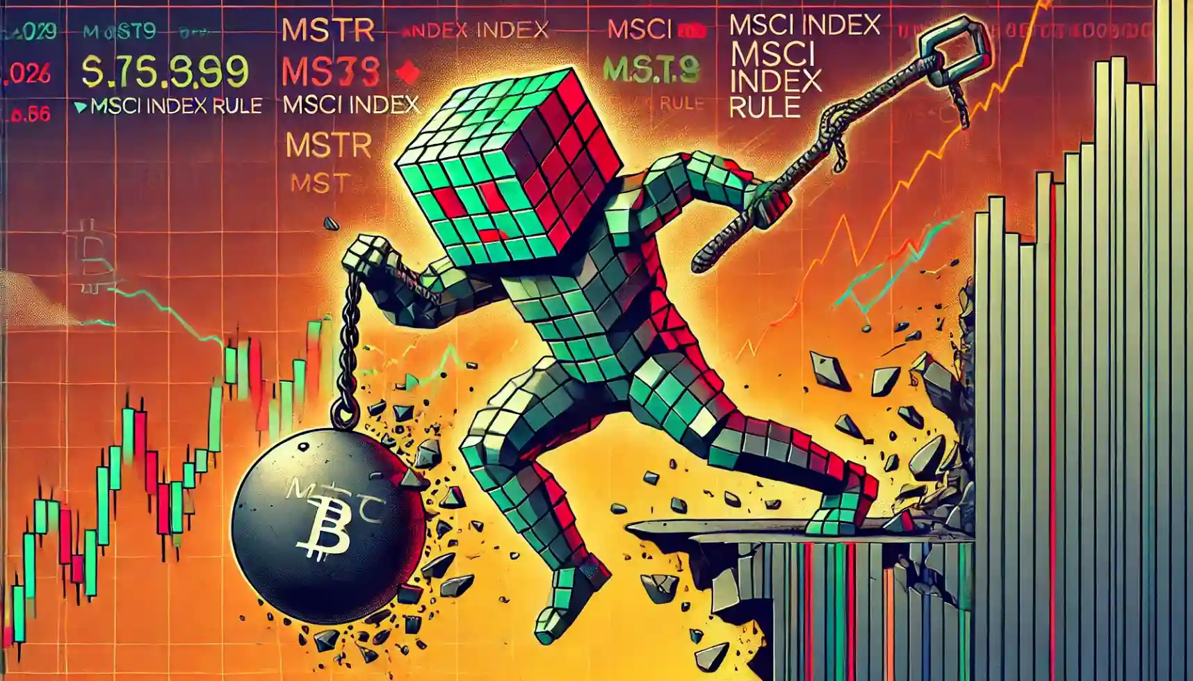 Robot balances on falling stock chart facing MSCI index exclusion risk