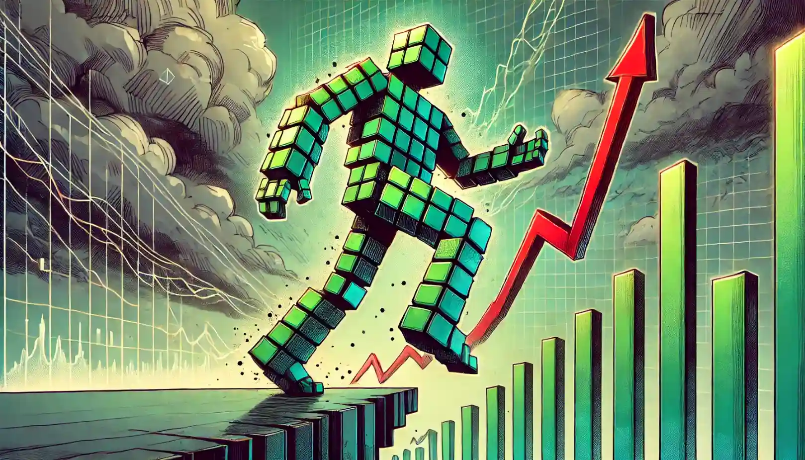 Robot balances on platform during volatile market price recovery