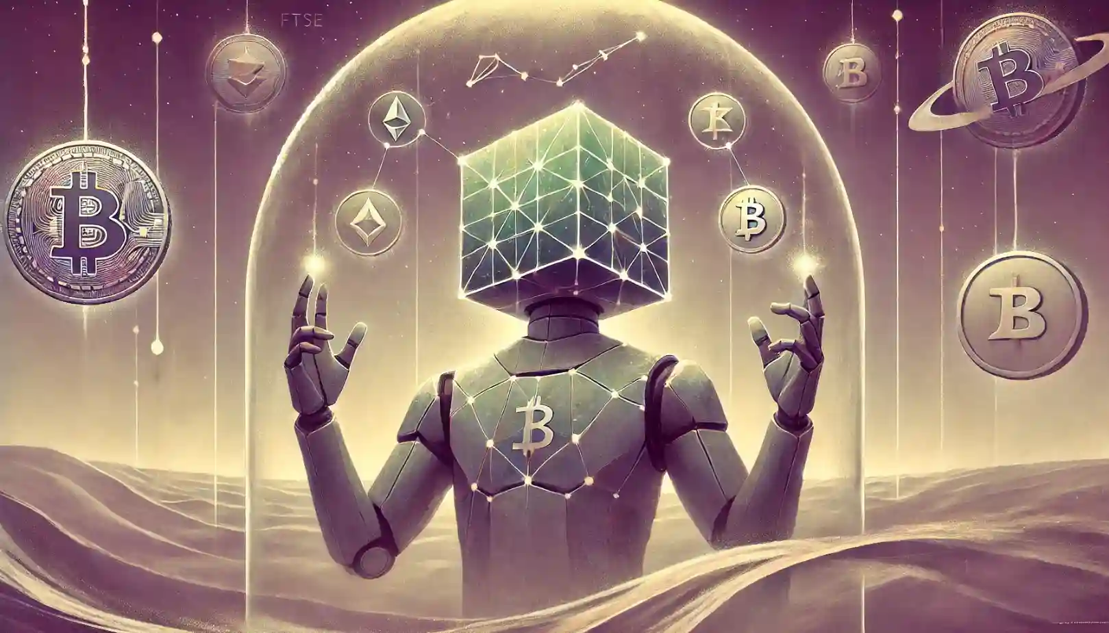 Robot balances pastel index orbs under altcoin constellation dome [index]