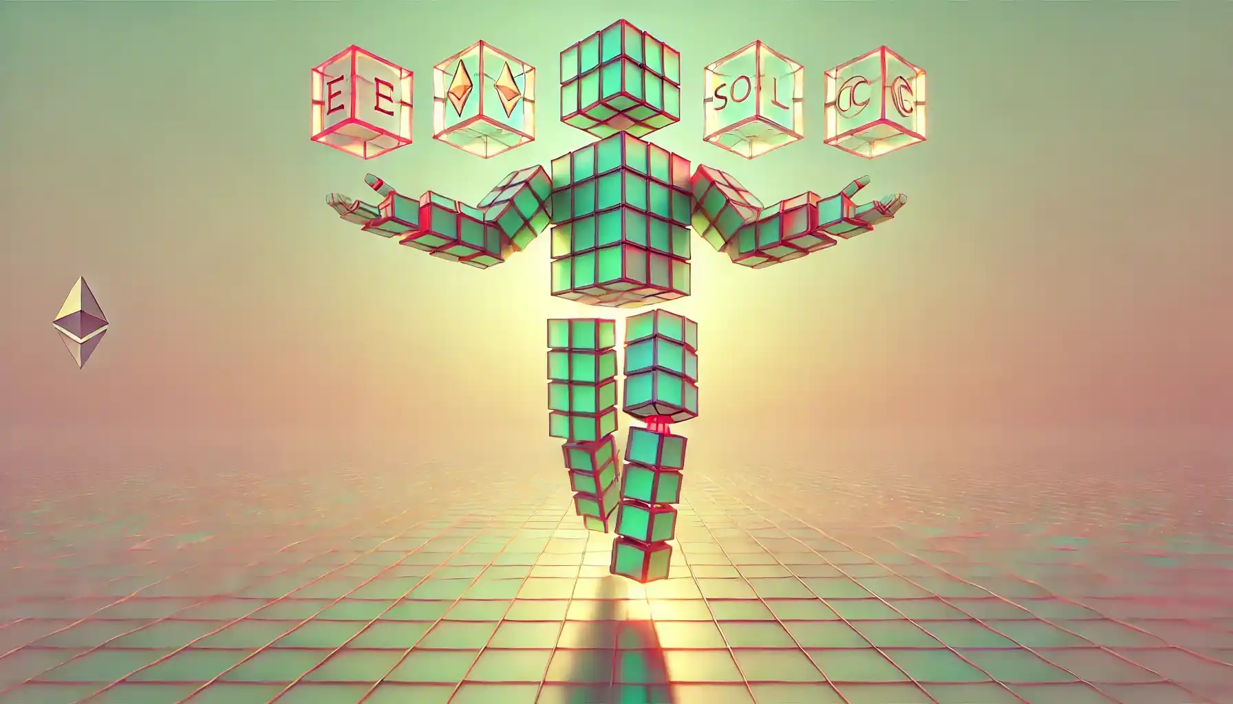 Robot balancing ETH, SOL, GDLC cubes symbolizing crypto regulation [ETP]