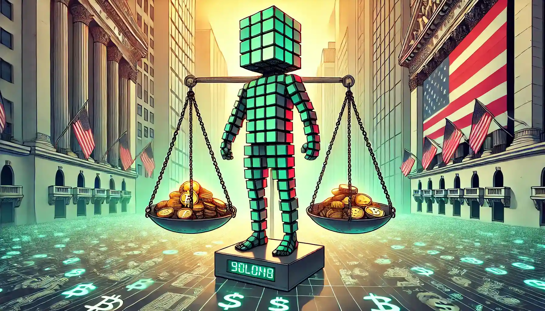 Robot balancing Solana coins and shares symbolizes crypto price index stability