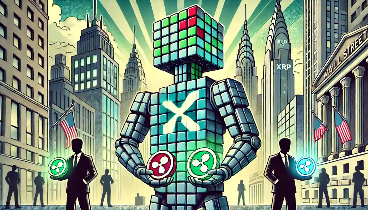 Robot balancing XRP coins amid Wall Street skyline showing crypto price index