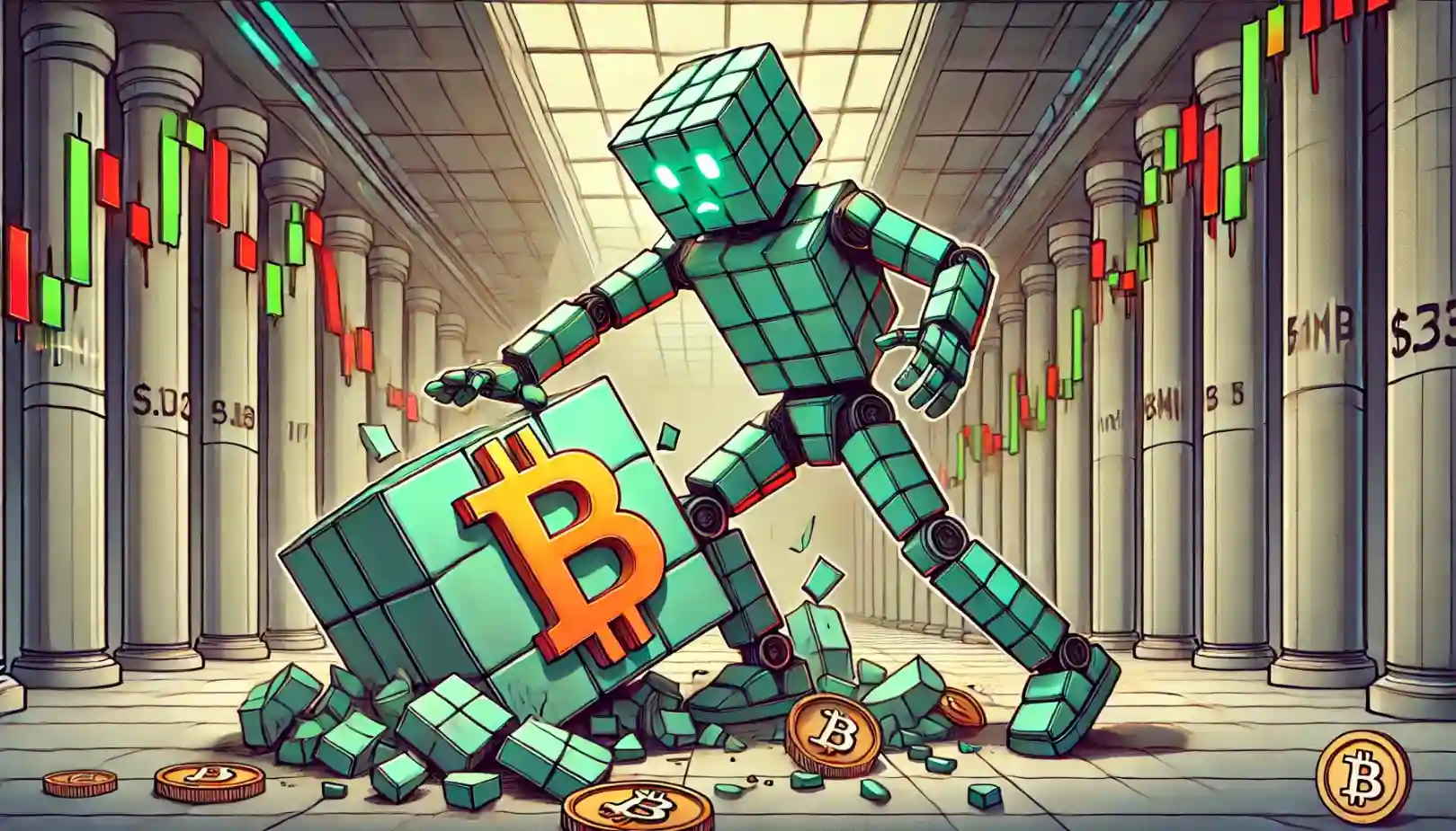 Robot braces falling Bitcoin cube during volatile crypto price downturn