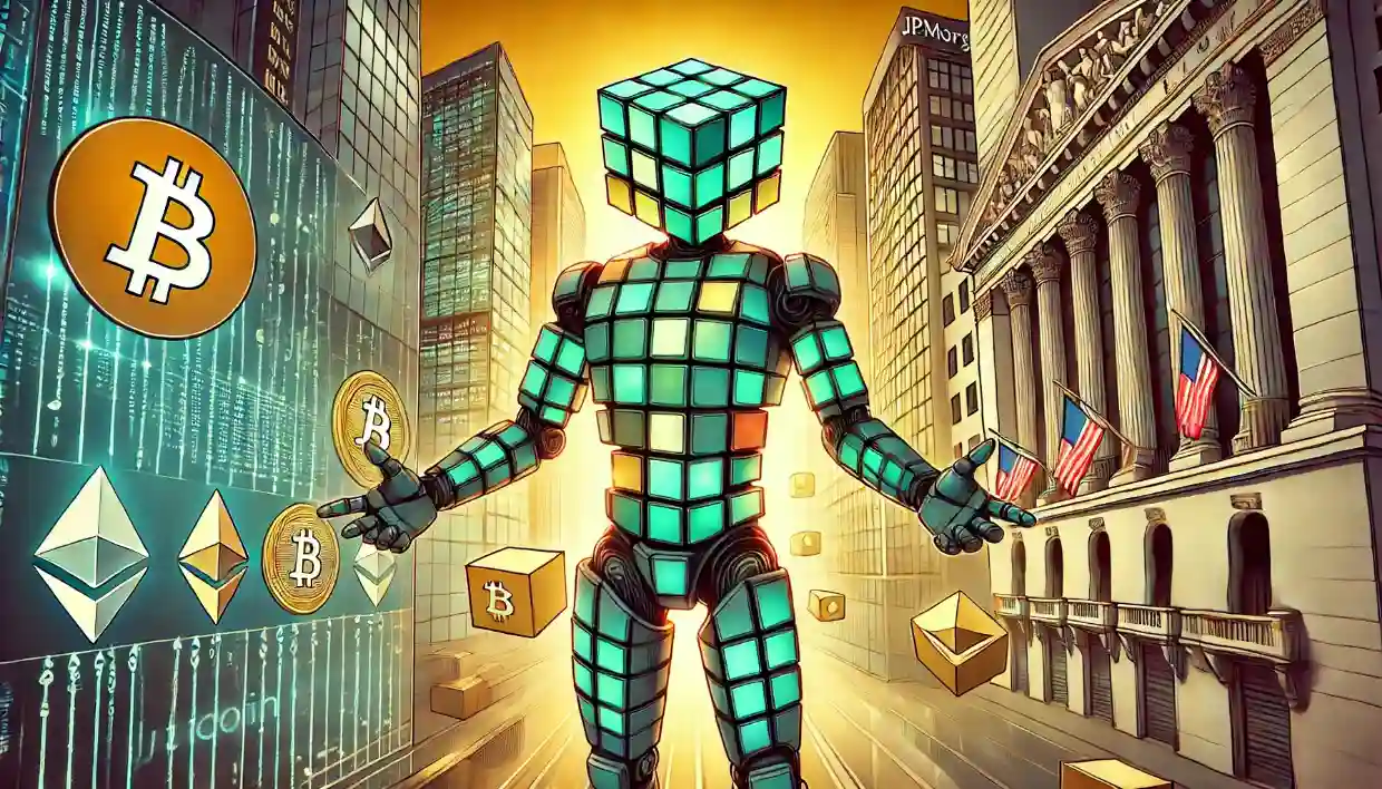 Robot bridges Bitcoin blockchain and JPMorgan finance with glowing crypto link