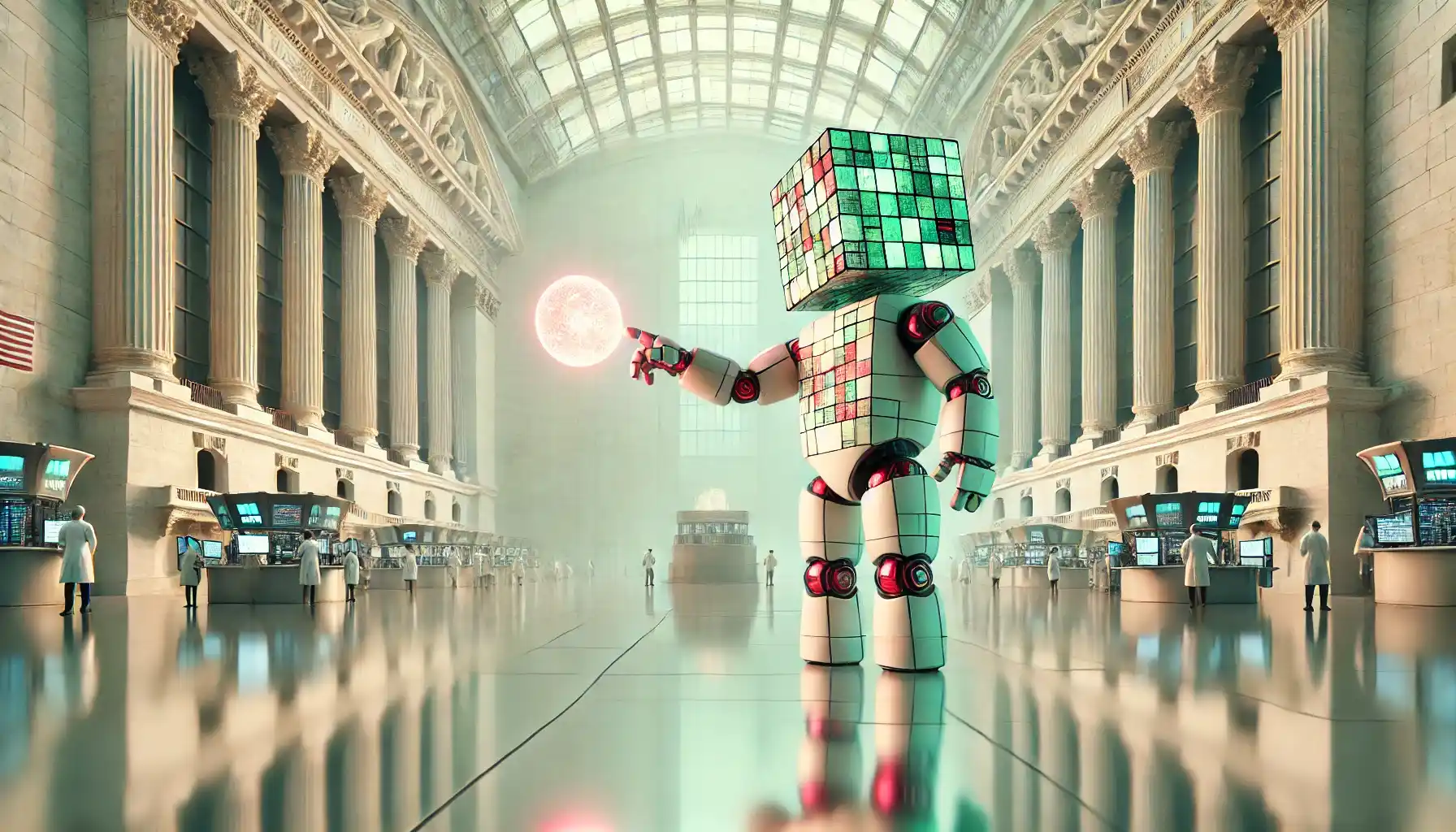 Robot bridges [finance] worlds in pastel trading hall with glowing orb