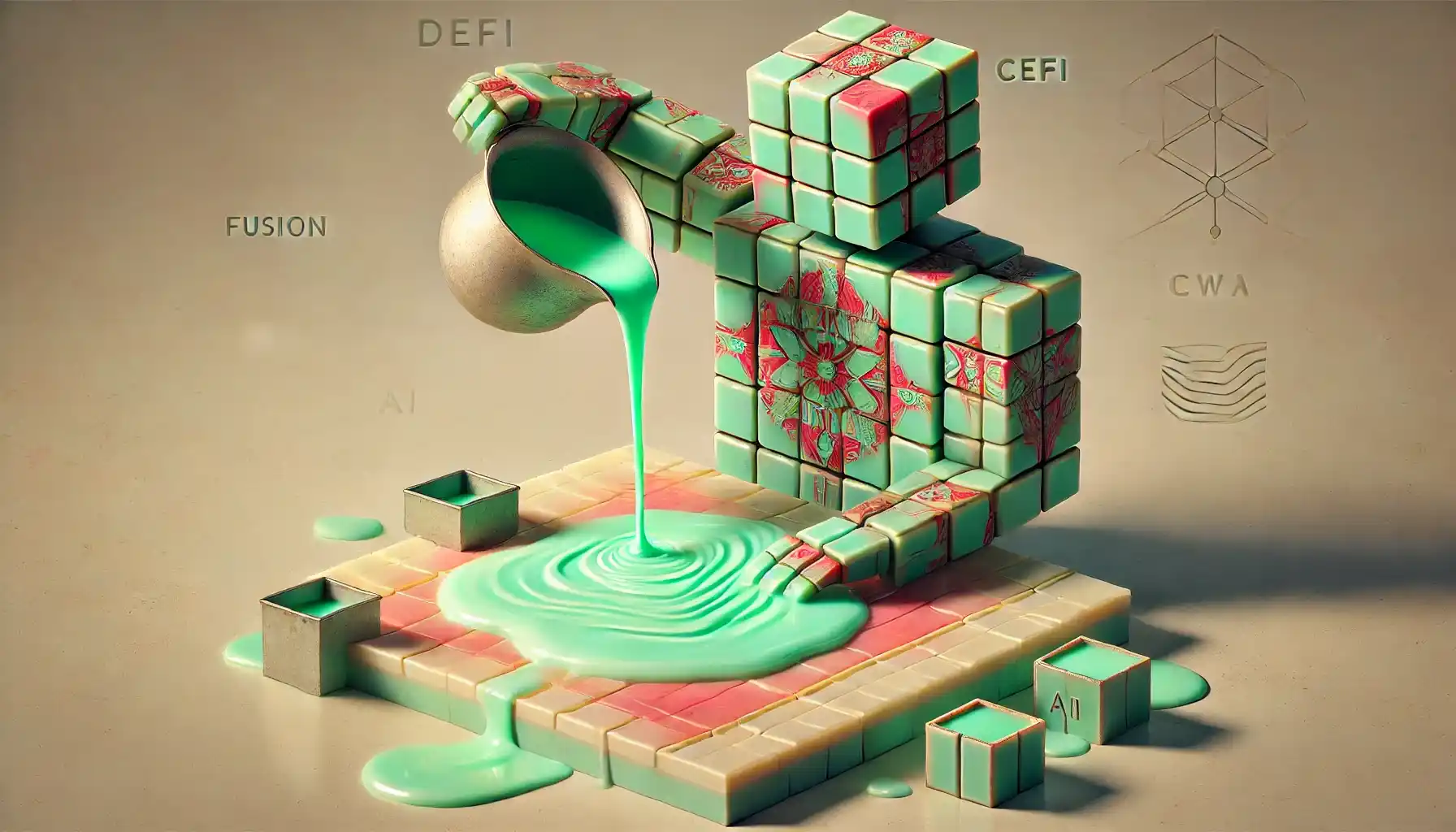 Robot channels mint wax into ledgers symbolizing DeFi and coin market cap