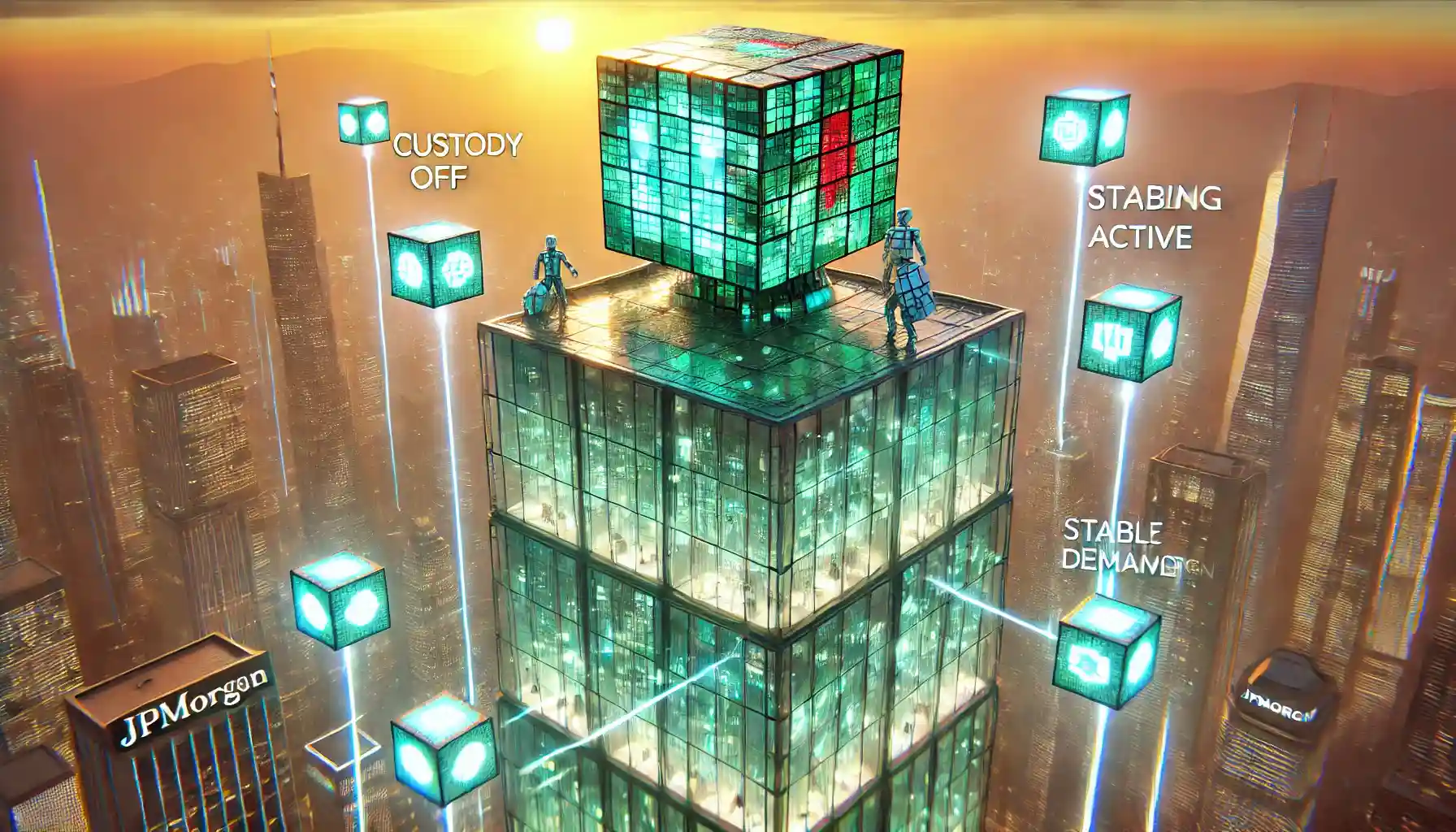 Robot climbs digital skyscraper linking blockchain trading with crypto price analytics