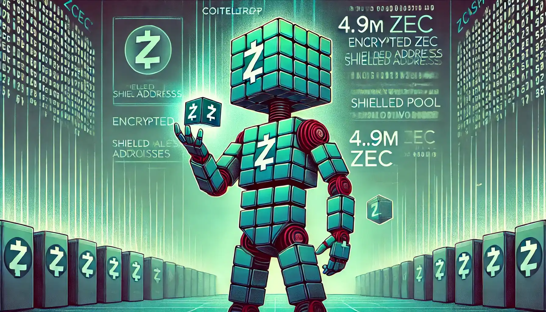 Robot displays shielded wallet hologram showing 4.9M ZEC private balance