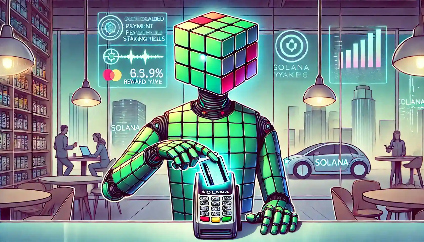 Robot earns Solana rewards with crypto credit card in financial café