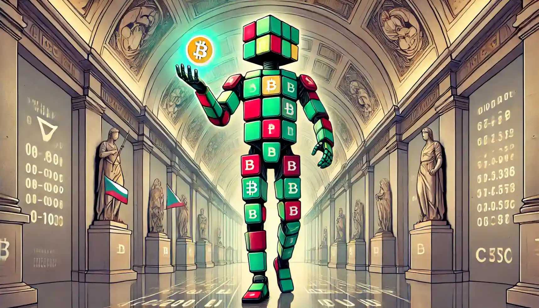 Robot evaluates Bitcoin beside Czech lion emblem in central bank hall