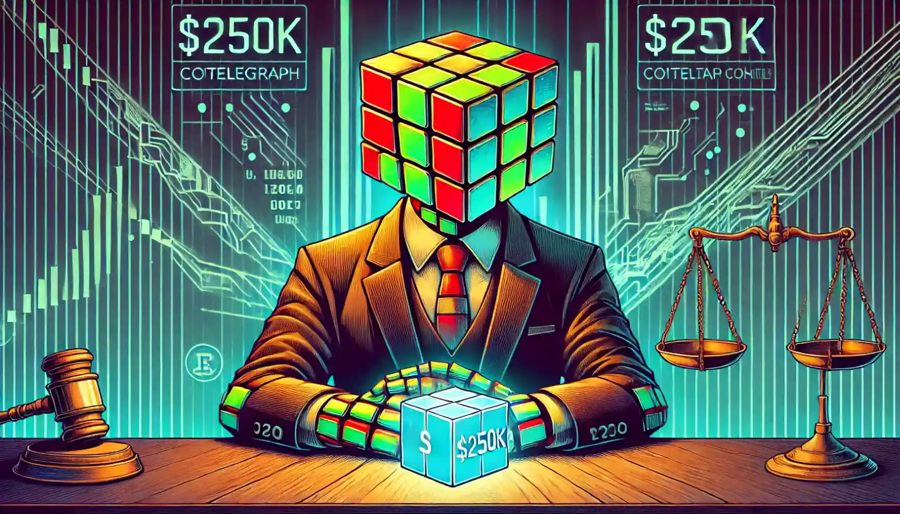 Robot faces $250K crypto penalty under digital justice scales projection