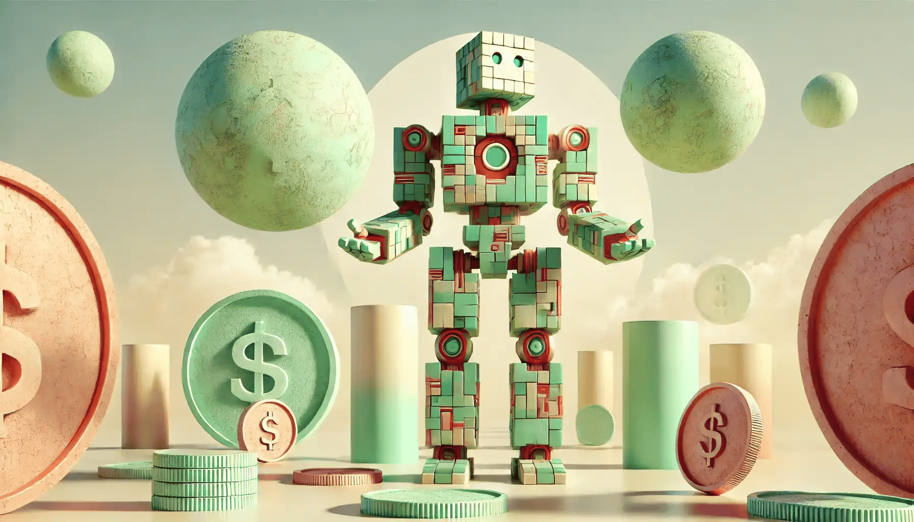 Robot guides orbiting coins in pastel sky