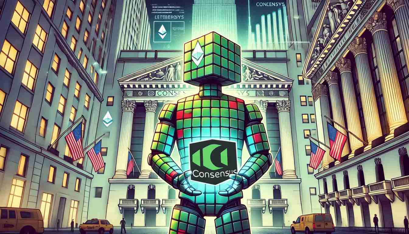 Robot holds Ethereum cube before JPMorgan and Goldman buildings during ConsenSys IPO.