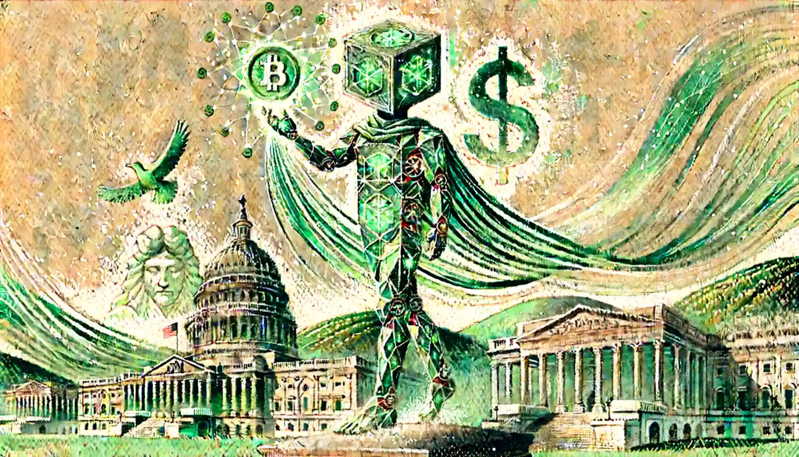 Robot holds stablecoin scroll atop pastel policy dome [stablecoin]