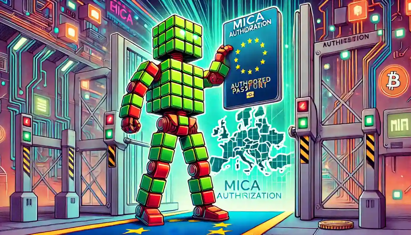 Robot holds up a glowing MiCA passport, opening regulated access to the European market
