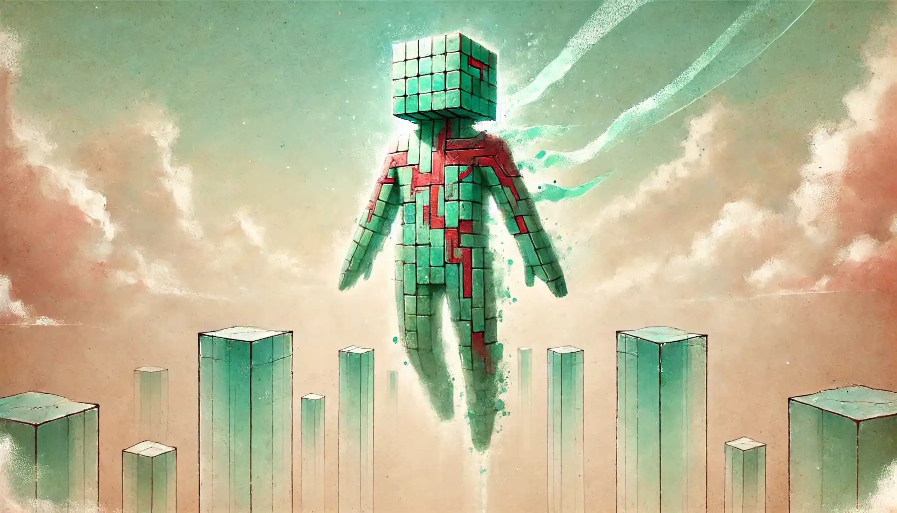 Robot leaping across glass bridges above ivory void [coin market cap]
