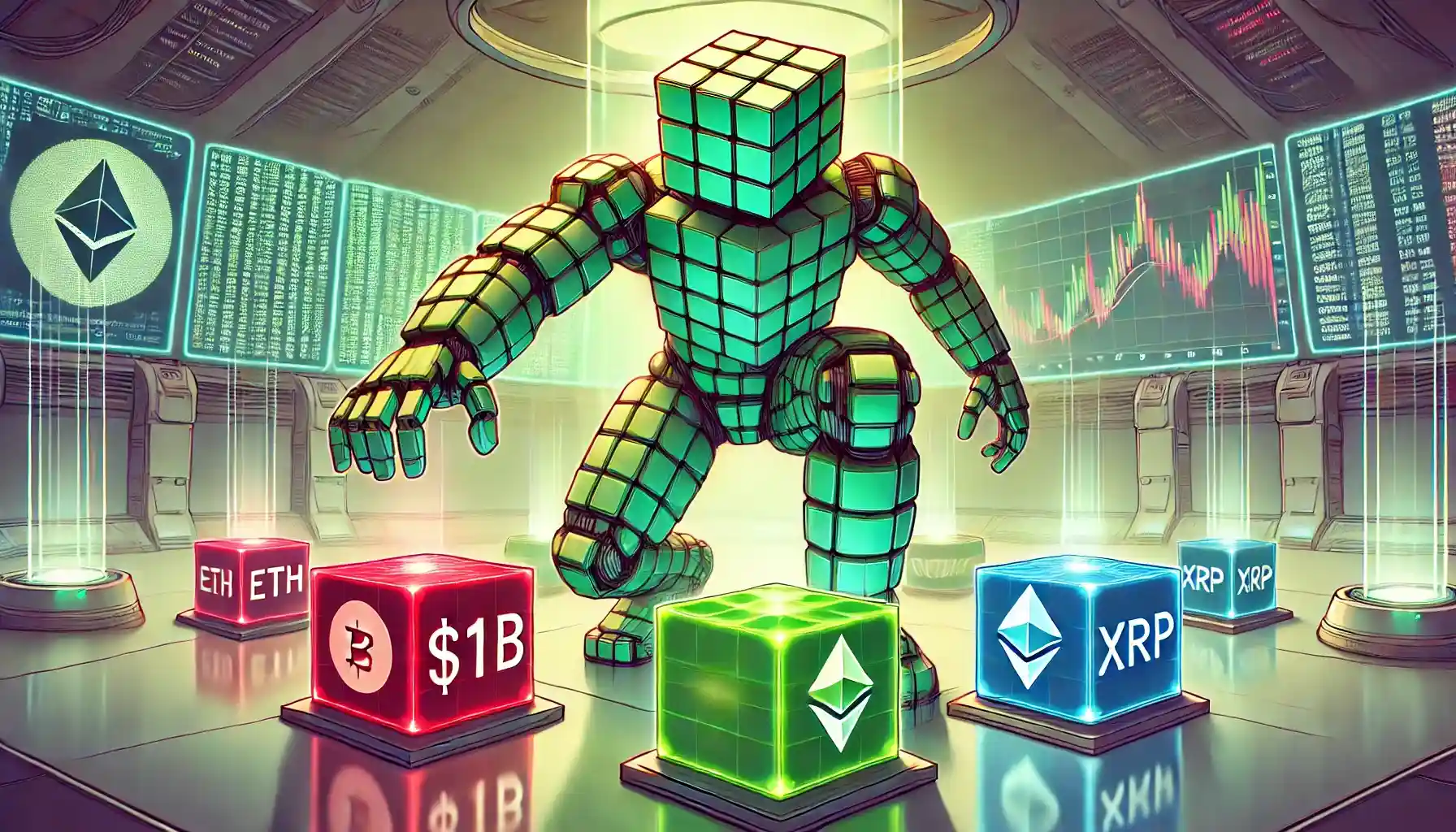 Robot managing Ethereum and XRP treasury cubes reflecting global crypto price