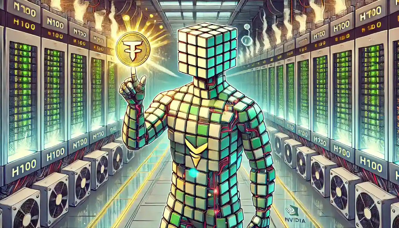Robot managing Tether GPU deal inside futuristic AI data center