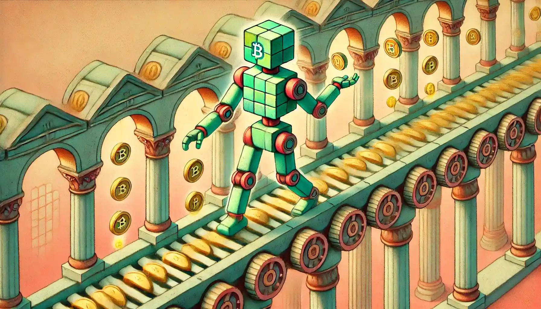 Robot moves on golden coin belt amid [stablecoin] transition