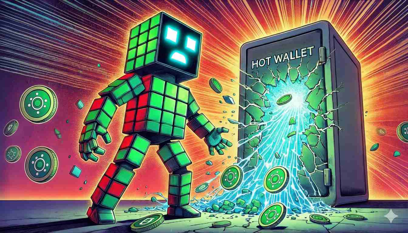 Robot observes a cracked hot wallet spewing out Solana tokens, signifying a loss