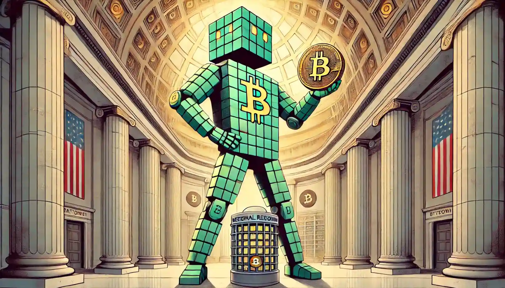 Robot places Bitcoin cube into federal vault amid strategic reserve debate