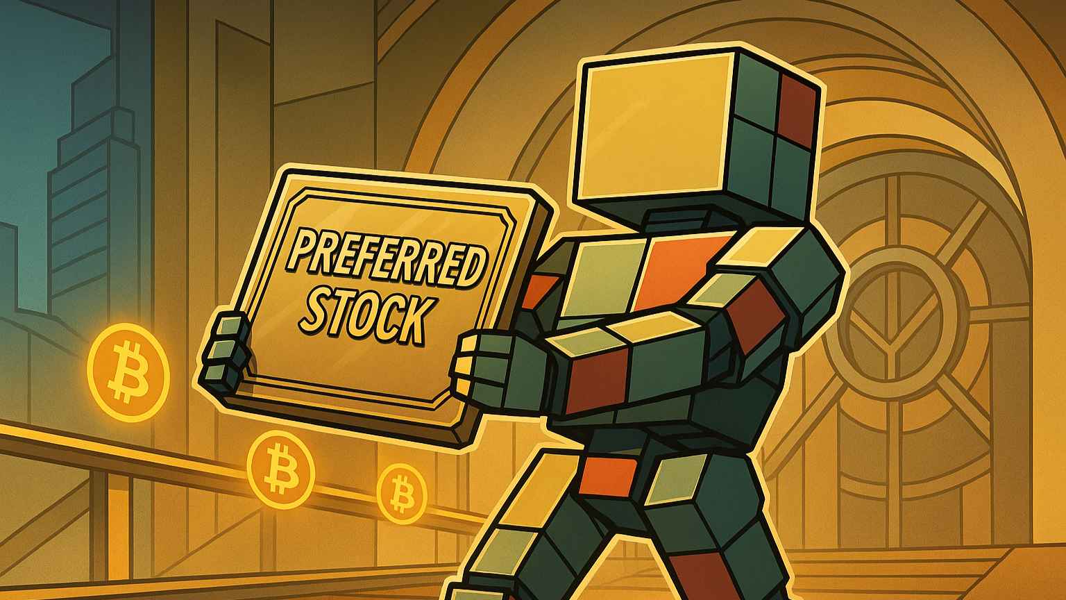 Robot presents preferred-stock plaque as Bitcoin treasury expansion ramps upward