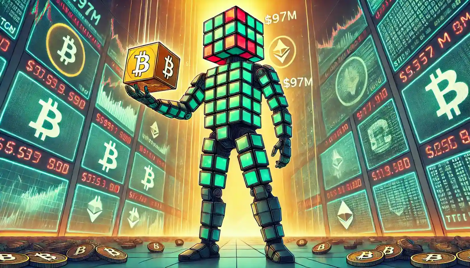 Robot secures Bitcoin cubes in glowing vault, showing crypto price index surge