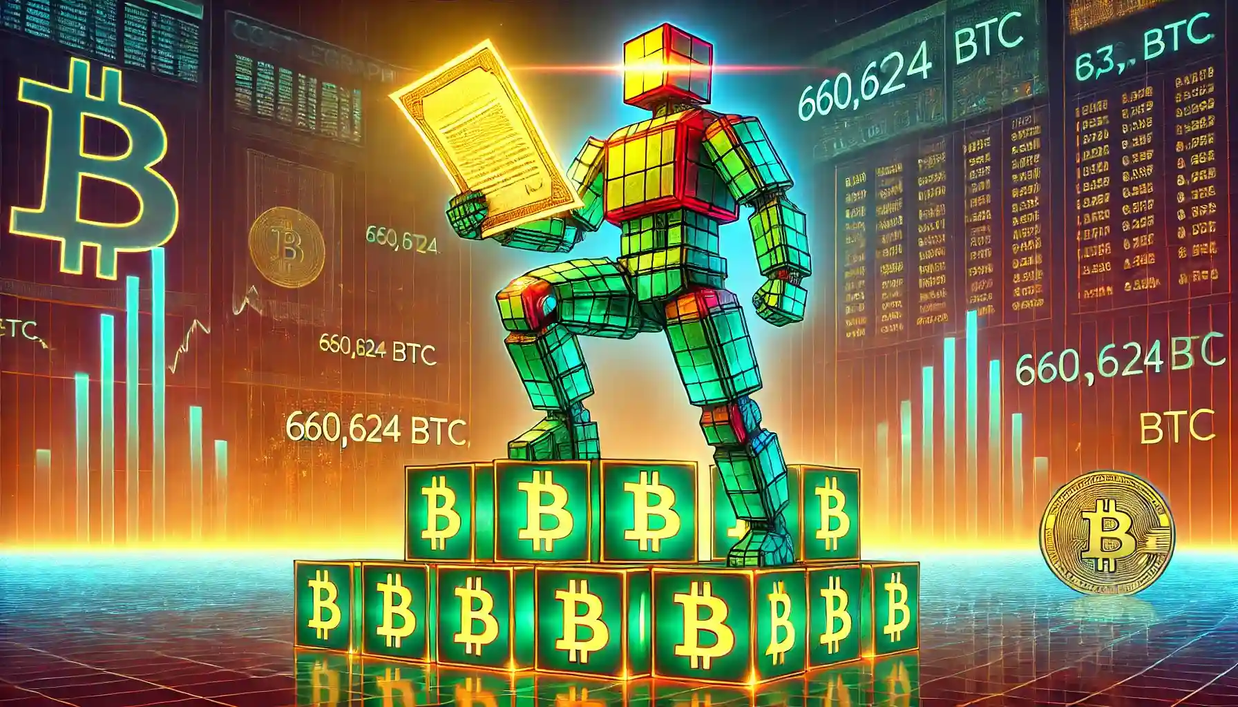 Robot standing on a massive mountain of Bitcoin funded by glowing equity issuance