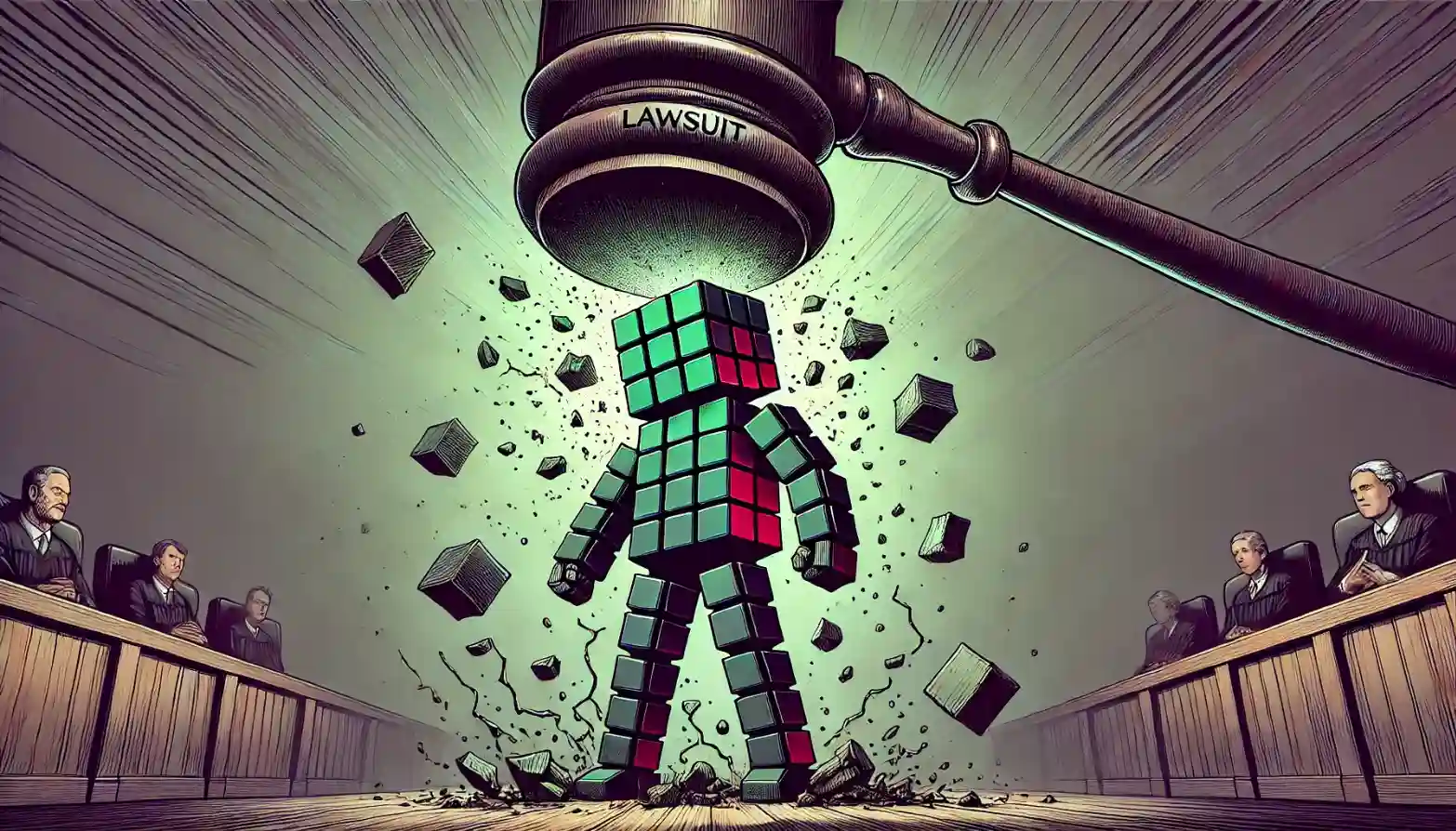 Robot stands under a crashing gavel, symbolizing the heavy lawsuit allegations