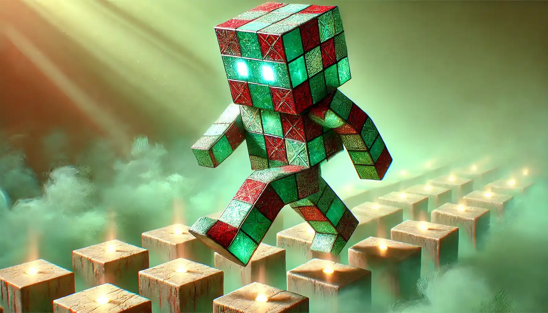 Robot stepping across glowing stones in pastel mint mist