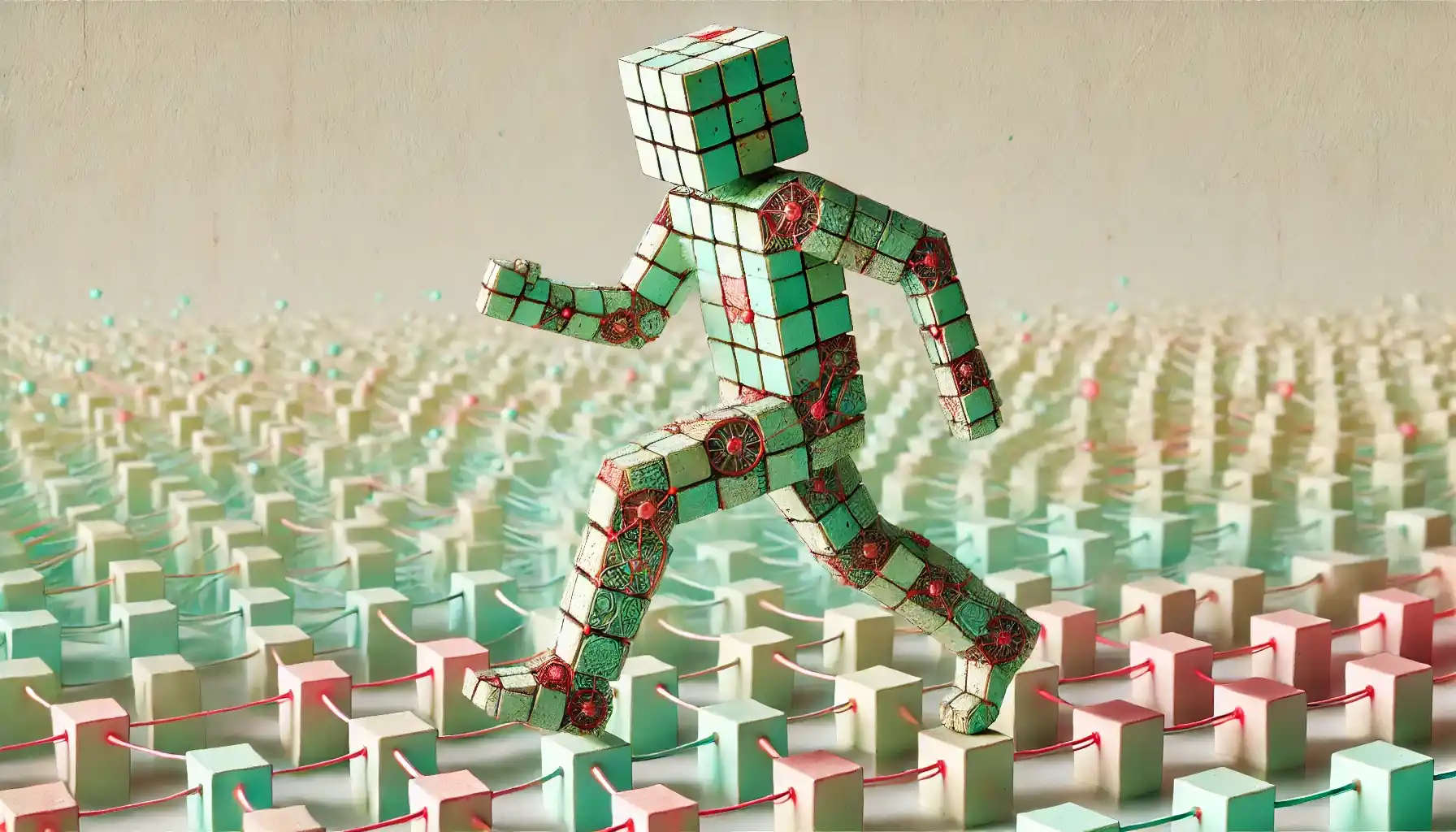 Robot stepping lattice nodes, glowing network mirrors crypto price flows
