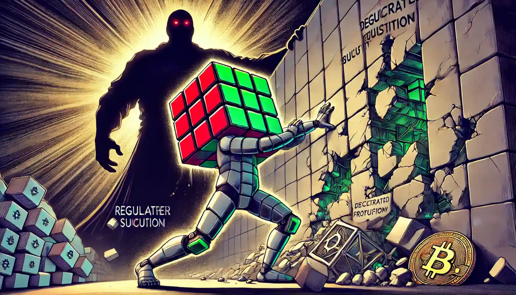 Robot straining to hold back a monolithic regulatory scrutiny wall from crushing a DeFi protocol.
