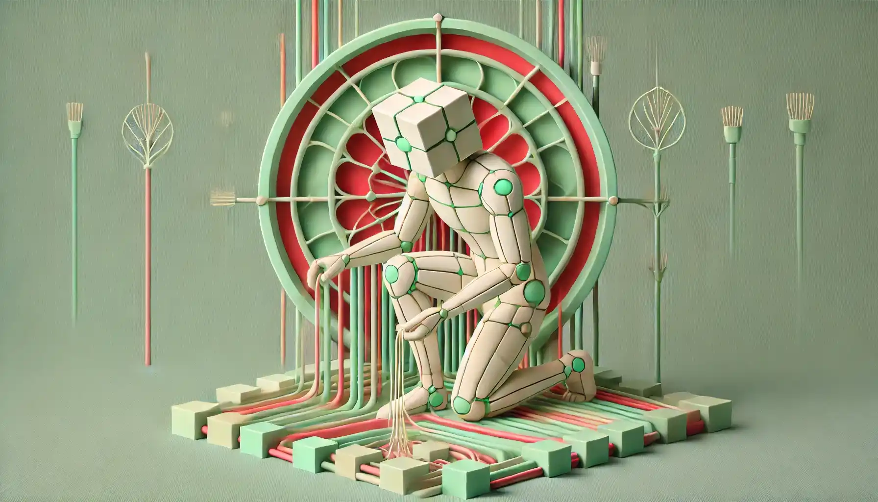 Robot threads ivory cables through mint lattice, symbolizing coin market cap