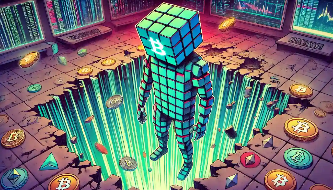 Robot watches in dismay as cryptocurrency liquidity is siphoned from a digital pool