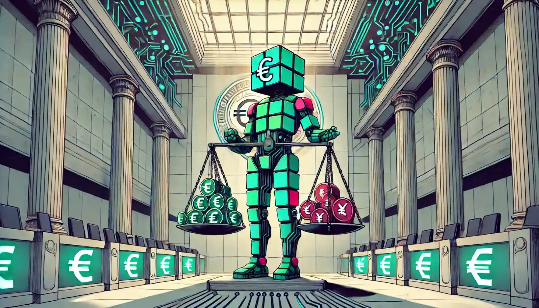 Robot weighing euro and crypto balance in Irish regulatory courtroom